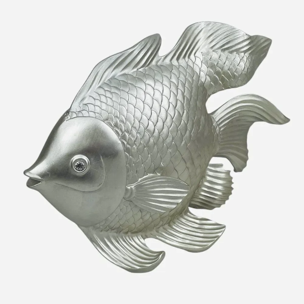Large Silver Fantail Fish Resin Statue Jewel Rhinestone Eyes Sculpture Decor Art